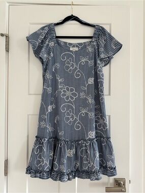Signature by Robbie Bee Navy and White Striped Blouse with Chain Print
